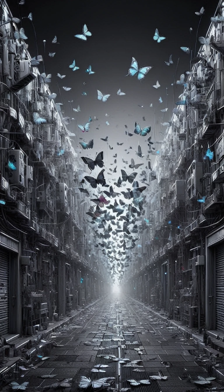 Colorful butterflies, Dancing in the neon alleys, A brief burst of color in a monochrome world 