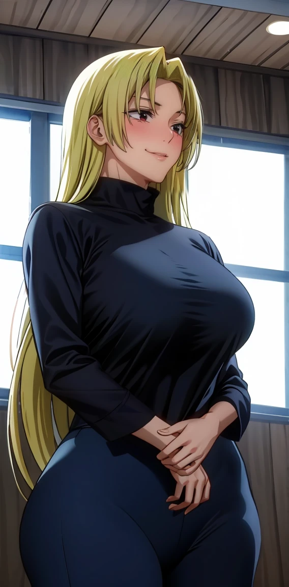 Yuki tsukumo from jujutsu kaisen, long hair, blonde hair, front view detailed body, long belly, big , tight body , thicc breast , thicc thighs, standing , front shot, facing at viewer, cowboy shot, looking at viewer, facing at viewer, bodysuit, standing, gym, indoors, Facing the front, the picture is taken from the front 