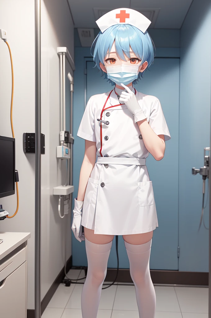 1boy, solo, male focus, nurse, white nurse cap, white nurse uniform, ((white legwear, zettai ryouiki)), white gloves, bobcut, blue hair, orange eyes, ((white surgical mask, covered nose)), standing, ((hospital room)), sharp outline, short sleeves, shota, , best quality, masterpiece