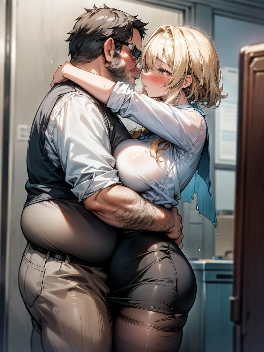(One girl, A fat middle-aged man:1.2), Torn pantyhose, White shirt, Pencil Skirt, blush, French kiss, hug, Big Breasts, office, Very detailed, High resolution, 4K, masterpiece, High resolution、(tears:1.4)、Wall