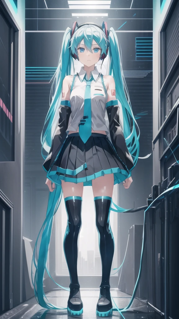 1girl, solo, hatsune miku, aqua eyes, aqua hair, crossed bangs, hair between eyes, hair ornament, headphones, long hair, twintails, aqua necktie, black footwear, black skirt, black sleeves, boots, collared shirt, detached sleeves, grey shirt, necktie, pleated skirt, shirt, skirt, sleeveless, sleeveless shirt, thigh boots, tie clip, strong light, hologram, disappear, see of figure, mantle, lots of displays, tights of light, glitching, full body, (masterpiece:1.2), ultra detailed, best quality,, binary code and digital art,binary code, digital art, only zero and one,, hackedtech, scifi, cyberpunk, data stream,pixelated