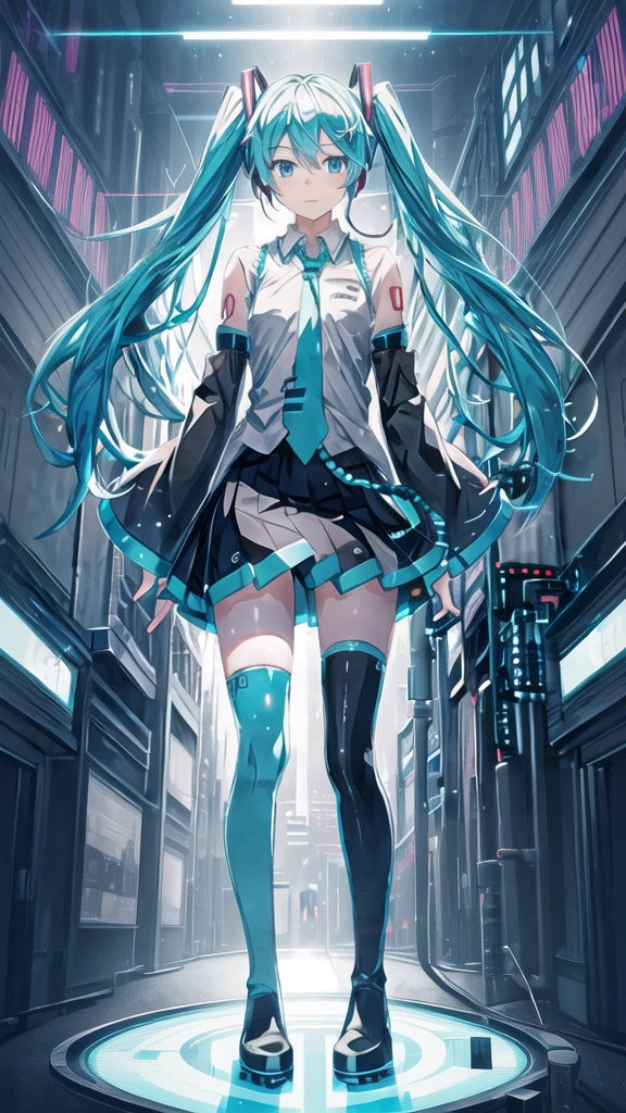 1girl, solo, hatsune miku, aqua eyes, aqua hair, crossed bangs, hair between eyes, hair ornament, headphones, long hair, twintails, aqua necktie, black footwear, black skirt, black sleeves, boots, collared shirt, detached sleeves, grey shirt, necktie, pleated skirt, shirt, skirt, sleeveless, sleeveless shirt, thigh boots, tie clip, strong light, hologram, disappear, see of figure, mantle, lots of displays, tights of light, glitching, full body, (masterpiece:1.2), ultra detailed, best quality,, binary code and digital art,binary code, digital art, only zero and one,, hackedtech, scifi, cyberpunk, data stream,pixelated