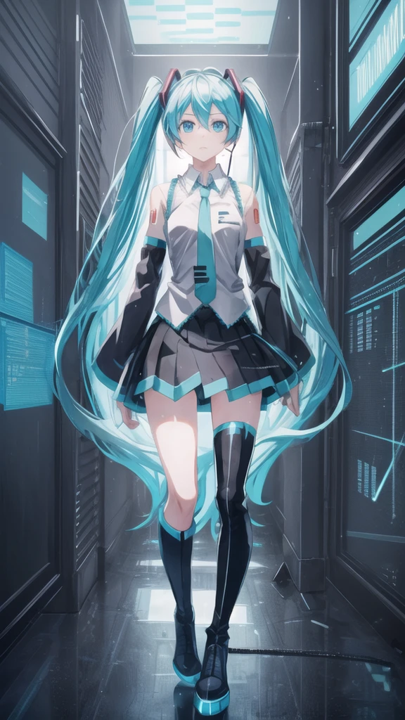 1girl, solo, hatsune miku, aqua eyes, aqua hair, crossed bangs, hair between eyes, hair ornament, headphones, long hair, twintails, aqua necktie, black footwear, black skirt, black sleeves, boots, collared shirt, detached sleeves, grey shirt, necktie, pleated skirt, shirt, skirt, sleeveless, sleeveless shirt, thigh boots, tie clip, strong light, hologram, disappear, see of figure, mantle, lots of displays, tights of light, glitching, full body, (masterpiece:1.2), ultra detailed, best quality,, binary code and digital art,binary code, digital art, only zero and one,, hackedtech, scifi, cyberpunk, data stream,pixelated
