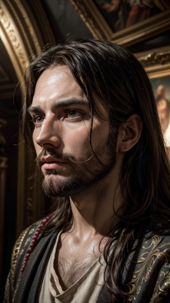 a highly detailed and realistic oil painting portrait of jesus christ with a compassionate and intense expression, jesus looking directly at the viewer, dramatic lighting creating chiaroscuro effect, ornate christian iconographic background, renaissance inspired, vivid colors, cinematic lighting, extremely detailed facial features and skin texture, 8k, photorealistic