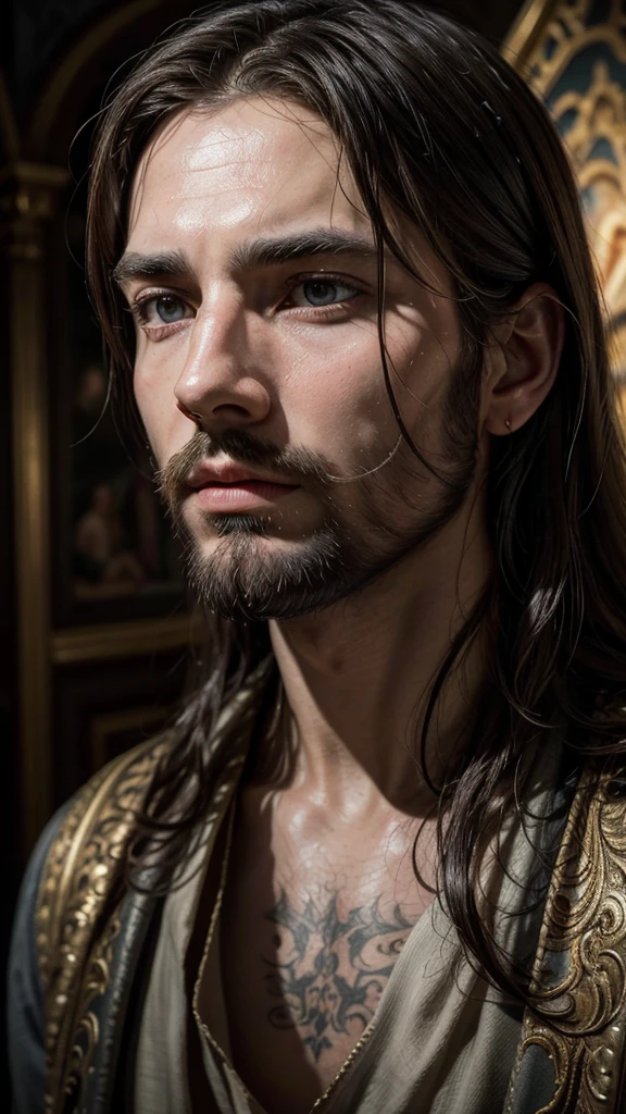 a highly detailed and realistic oil painting portrait of jesus christ with a compassionate and intense expression, jesus looking directly at the viewer, dramatic lighting creating chiaroscuro effect, ornate christian iconographic background, renaissance inspired, vivid colors, cinematic lighting, extremely detailed facial features and skin texture, 8k, photorealistic