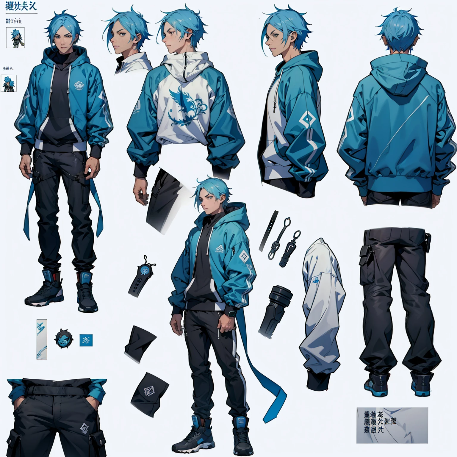 Close-up of a man wearing a large white zip-up hoodie, ((キャラクターConcept Art)), ((Character design sheet, same characters, front, ~ side, return)) maple story character art, Video Game Character Design, Video Game Character Design, A loose zip-up hoodie、Blue Hair, 専門家による高精細Concept Art, Interesting character design, Lucio as a man, Gravity Rush inspiration, sticky tar. Concept Art,A baggy hoodie