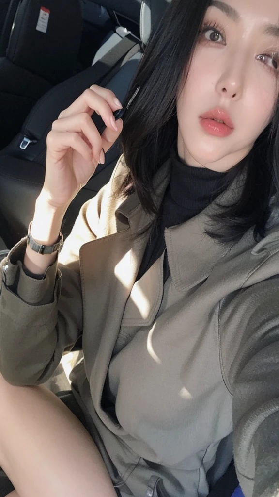 A dark-haired woman in her fifties sitting in a car with a mobile phone, Ulzzang, Shin Jinyoung, Choi Hong-hwa, Korean Girls, 8k)), sakimichan, Bae Suzy, It's hot with the shining sun, White skin!!, She has black hair with bangs, Beautiful Korean Women, Jaeyoung Nam