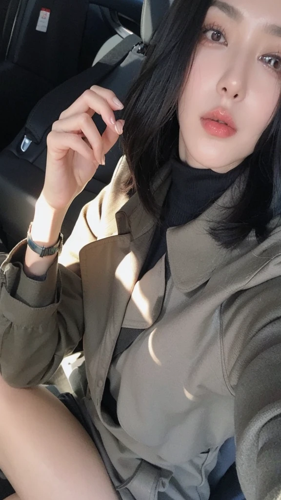 A dark-haired woman in her fifties sitting in a car with a mobile phone, Ulzzang, Shin Jinyoung, Choi Hong-hwa, Korean Girls, 8k)), sakimichan, Bae Suzy, It&#39;s hot with the shining sun, White skin!!, She has black hair with bangs, Beautiful Korean Women, Jaeyoung Nam