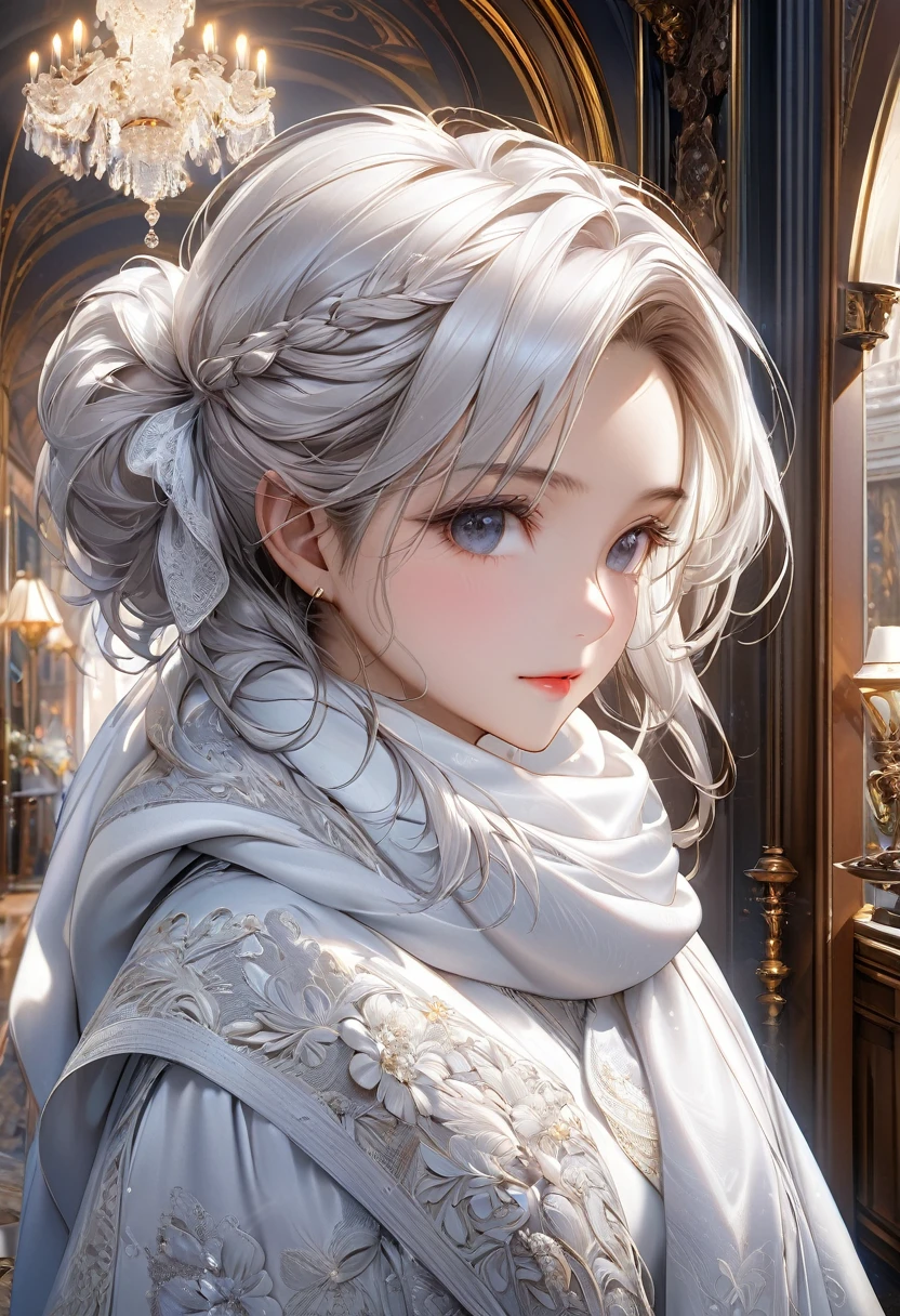 masterpiece, 8k, best quality, highly detailed, a fluffy white scarf of silk