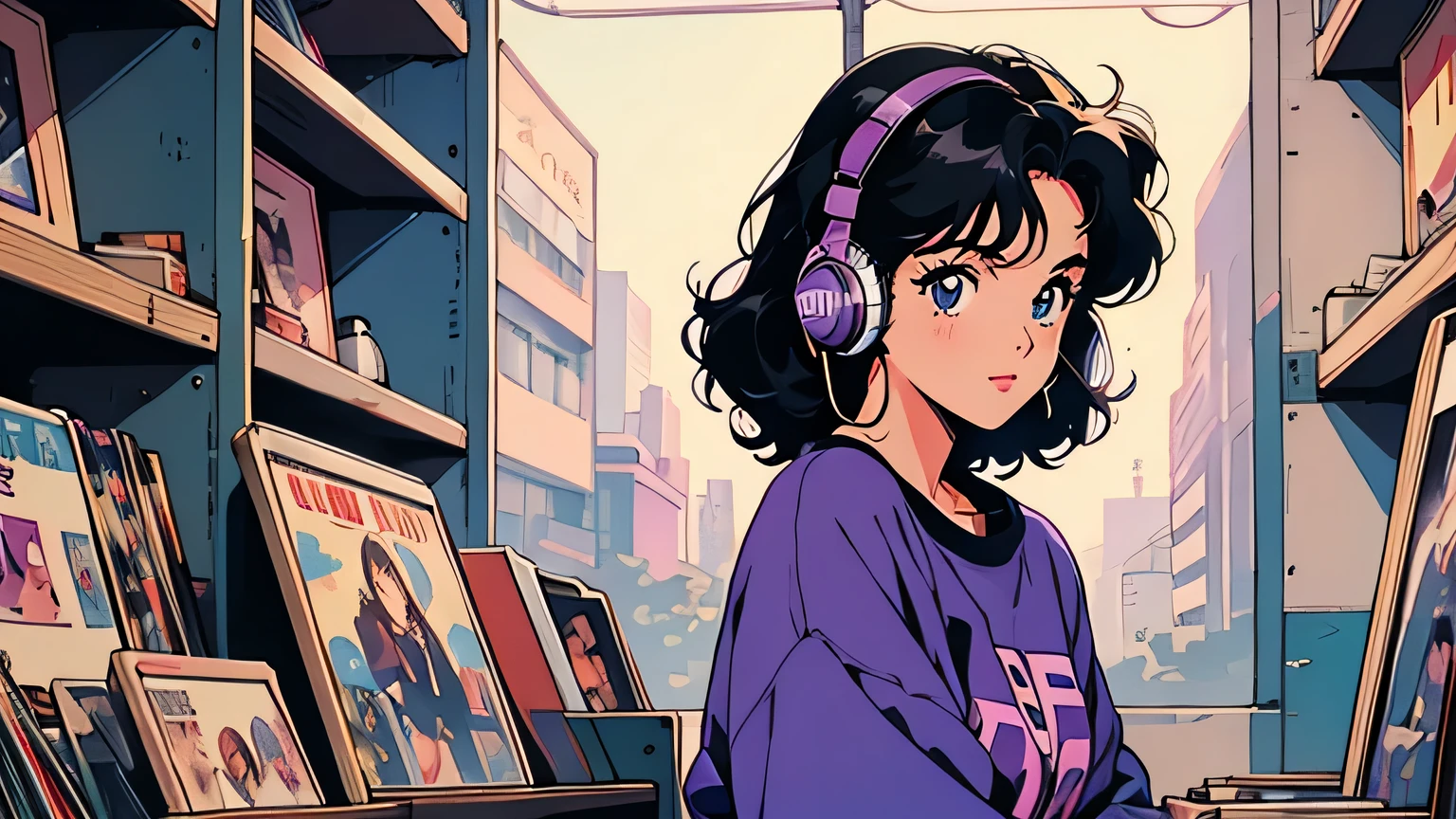 retro, city pop , anime, manga, 22years, girl, put on headset, puple check shirts, at a record shop, listning music, blue eyes, curly black hair