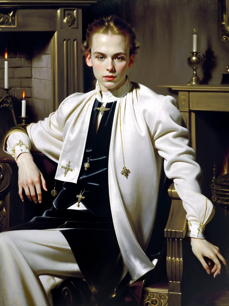 Portrait of Christopher Marlowe, sitting in chair near fireplace, white skin, piercing icy blue eyes, silky golden-brown hair, refined features, charp jawline, clean shaved, black Elizabethan velvet jerkin, white laced shirt, high quality, masterpiece, best quality, highres, 1man 
