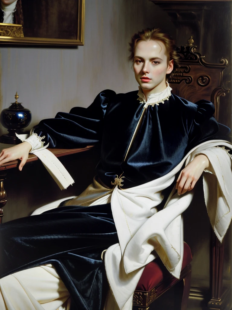Portrait of Christopher Marlowe, sitting in chair near fireplace, white skin, piercing icy blue eyes, silky golden-brown hair, refined features, charp jawline, clean shaved, black Elizabethan velvet jerkin, white laced shirt, high quality, masterpiece, best quality, highres, 1man