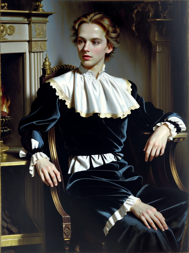 Portrait of Christopher Marlowe, sitting in chair near fireplace, white skin, piercing icy blue eyes, silky golden-brown hair, refined features, charp jawline, clean shaved, black Elizabethan velvet jerkin, white laced shirt, high quality, masterpiece, best quality, highres, 1man