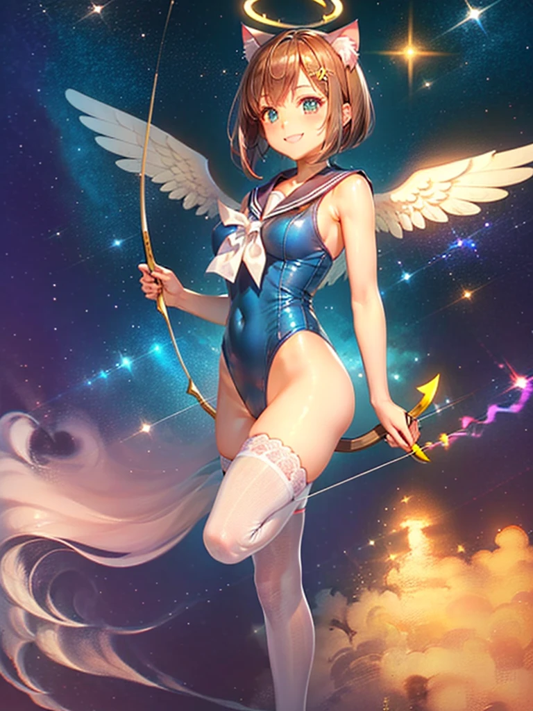 Highest quality,Highest Resolution,Masterpiece,(((A beautiful girl in a sailor leotard with a smile on her face))),High leg,Frills,White knee-high stockings,,Red tie,(((Cat ear))),(((Halation))),Brown hair short bob,(((archery))),White angel wings on the back,universe,Milky Way,Meteor,dark,Bow of Light,whole body,Bow of Light,A distant view,Side view,(((Draw the bow))),Halo,弓を引いている,