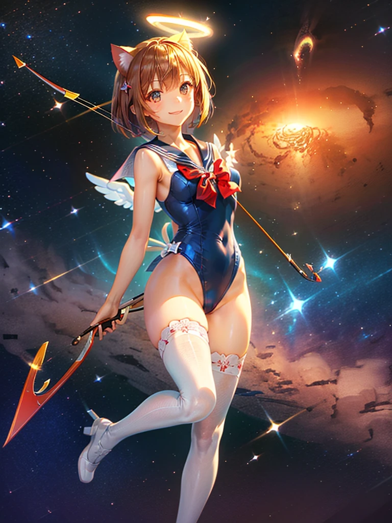 Highest quality,Highest Resolution,Masterpiece,(((A beautiful girl in a sailor leotard with a smile on her face))),High leg,Frills,White knee-high stockings,,Red tie,(((Cat ear))),(((Halation))),Brown hair short bob,(((archery))),White angel wings on the back,universe,Milky Way,Meteor,dark,Bow of Light,whole body,Bow of Light,A distant view,Side view,(((Draw the bow))),Halo,弓を引いている,