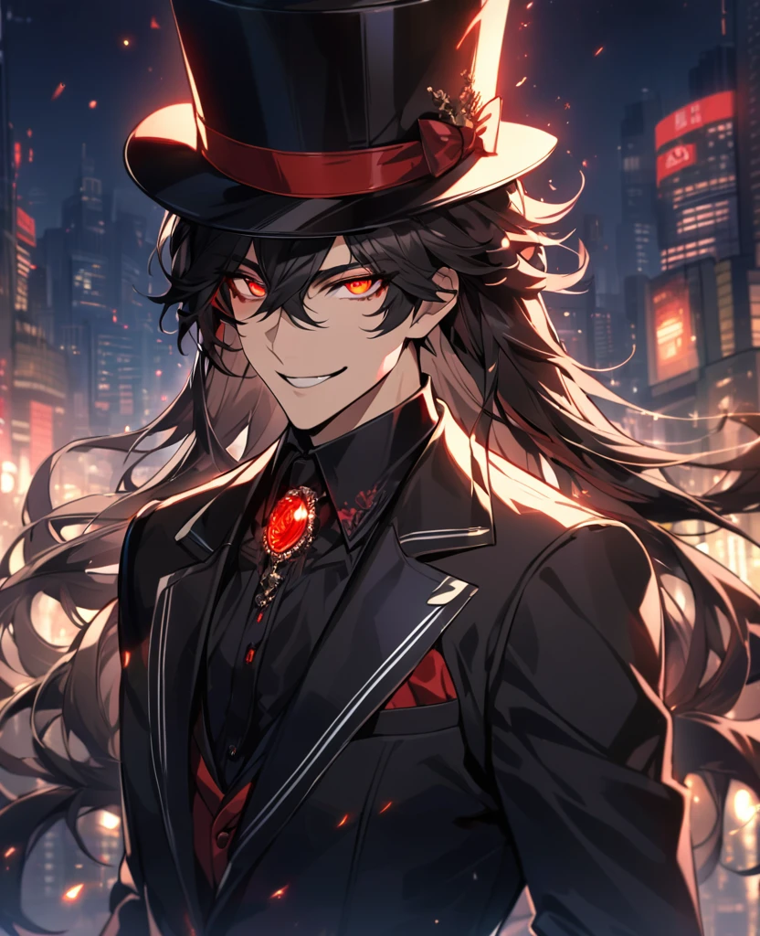 (black_hair), (deep_red_eyes), (detailed_eyes), (smile), (handsome), (Attractive), (night_city_background), (glowing_eyes), (male), (black_suit), (long_male_hair), (detailed_Hair), (detailed), (detailed_mouth), (top_hat), (detailed_top_hat), (russian)