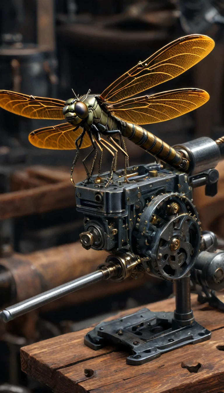 Golden Dragonfly, Automata, Workbench, tool, Small hammer, screw刀, clamp, screw, spring, gizmo, (best quality,4K,8K,high resolution,masterpiece:1.2), Extremely detailed, (Practical,photoPractical,photo-Practical:1.37), Metal surface, Complex mechanisms, exquisite craft, Antique Aesthetics, Steampunk style, Warm colors, Soft diffused light