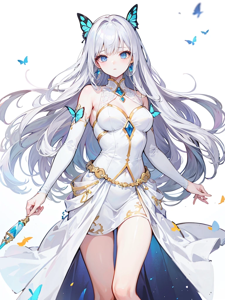 High resolution, masterpiece, Accurate, Anatomically correct, number々Awards for, Highest quality, High resolutionモデル, anime, anime風, 8k octane,
One Girl, alone,
Super long hair, Silver Hair, Heavy bangs, White skin, Ice blue eyes, Thin eyebrows,butterfly hair accessories, Crystal Earrings,White high heels,
Butterfly Princess, Portraits, whole body