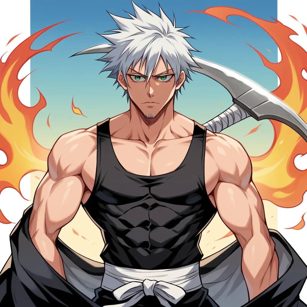 1 boy, male focus, Intricate details, 1 man, handsome, white hair, vibrant green eyes, slim muscles, アニメ, 19 years old, 19 years old, a small goatee, Shinigami kimono, Shinigami, bleach style, bleach, Tank top, kimono , bleach, bleach style (black kimono), (the character would be releasing all his power on the battlefield, using your scythe launching negative flames at your opponents, leaving the entire battlefield in black flames)
