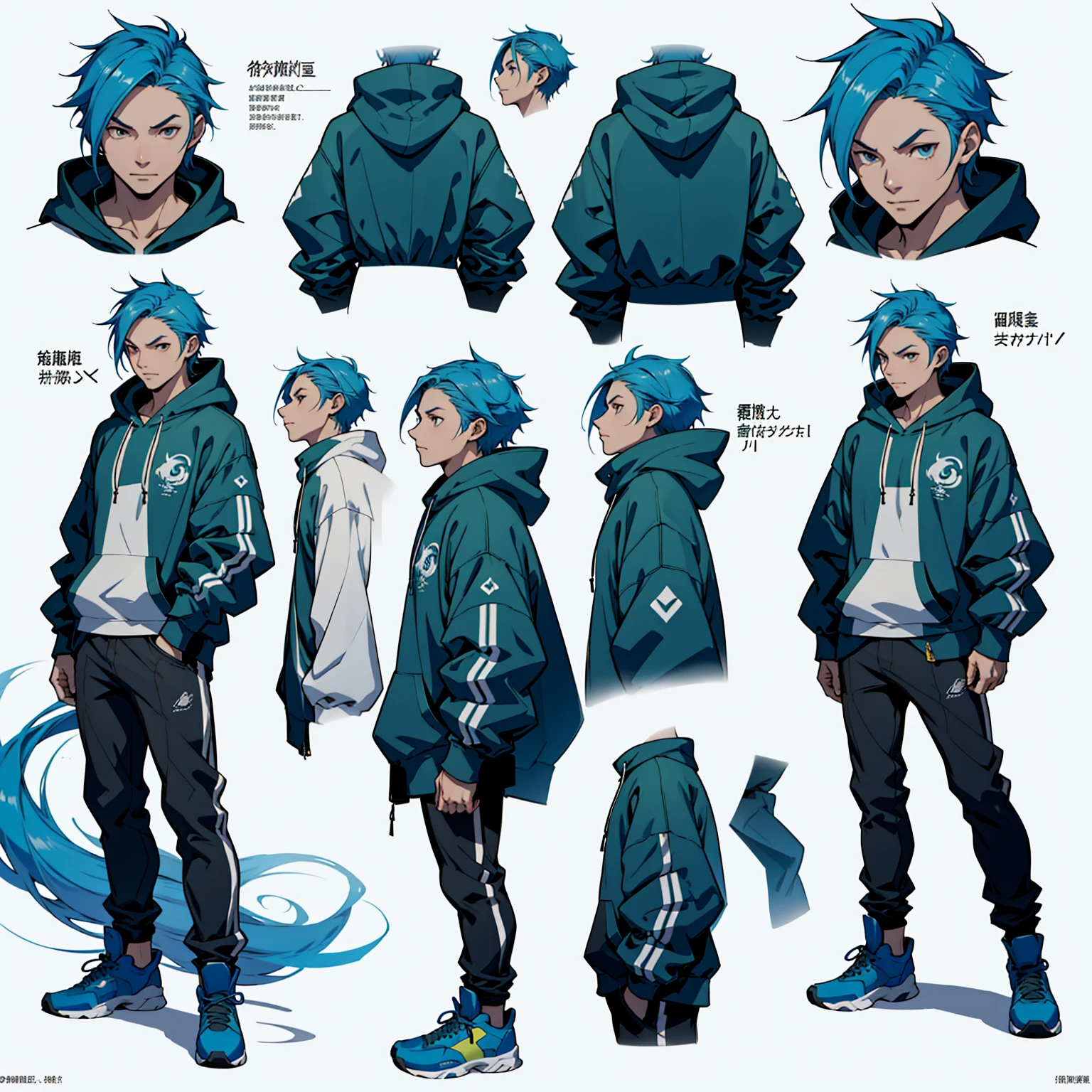 Close-up of a man in a white hoodie, ((キャラクターConcept Art)), ((Character design sheet, same characters, front, ~ side, return)) maple story character art, Video Game Character Design, Video Game Character Design, A baggy hoodie、Blue Hair, 専門家による高精細Concept Art, Interesting character design, Lucio as a man, Gravity Rush inspiration, sticky tar. Concept Art,A baggy hoodie