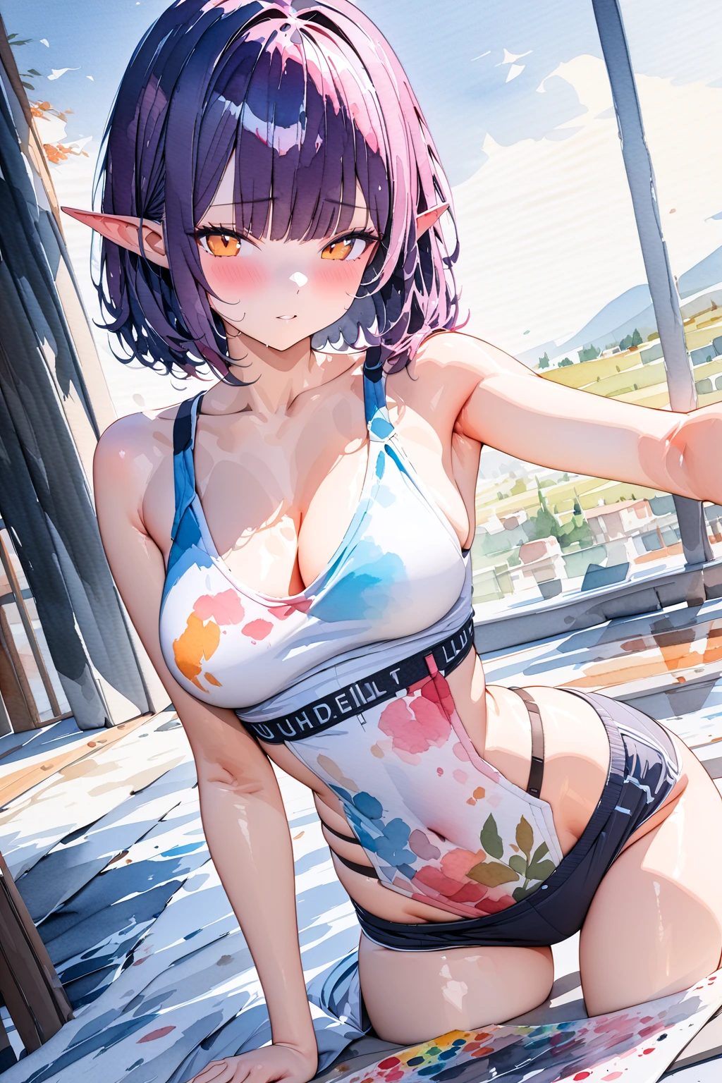(masterpiece, best quality:1.5), (ultra detailed, high resolution, 8k, beautiful detailed, UHD, best anatomy), purple bob cut hair, medium breasts, 1 cute elf, (watercolor painting Art:2), gorgeous, genial, colorful