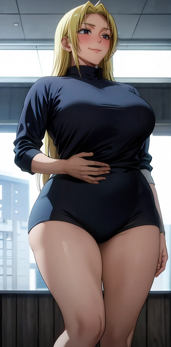 Yuki tsukumo from jujutsu kaisen, long hair, blonde hair, front view detailed body, long belly, big , tight body , thicc breast , thicc thighs, standing , front shot, facing at viewer, looking at viewer, facing at viewer, bodysuit, standing, gym, indoors, Facing the front, the picture is taken from the front 