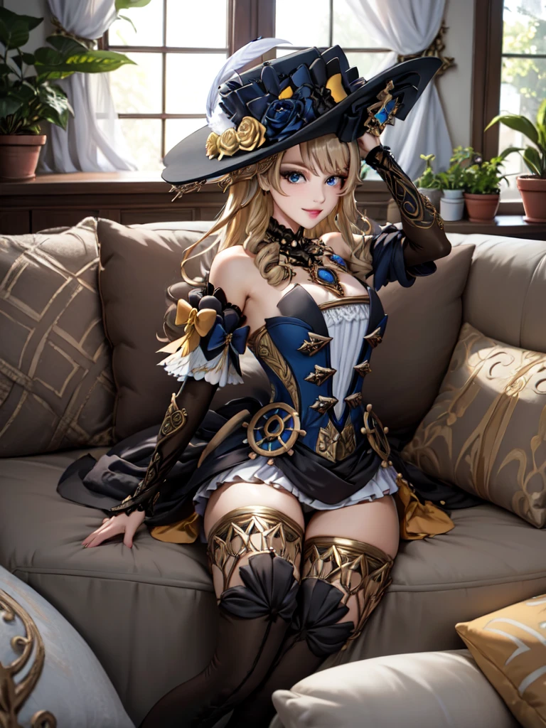 (masterpiece, best quality, detailed), 1girl, solo, blue eyes, drill hair, bangs, looking at viewer, long hair, dress, hat, hat flower, hat feather, jewelry, flower, gloves, detached sleeves, elbow gloves, hat feather, thighhighs, thigh boots,
indoors, couch, pillow, window, curtains, potted plant, dutch angle, on back, arms behind head, smile, parted lips