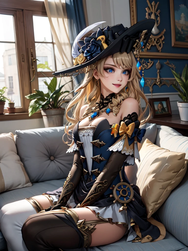 (masterpiece, best quality, detailed), 1girl, solo, blue eyes, drill hair, bangs, looking at viewer, long hair, dress, hat, hat flower, hat feather, jewelry, flower, gloves, detached sleeves, elbow gloves, hat feather, thighhighs, thigh boots,
indoors, couch, pillow, window, curtains, potted plant, dutch angle, on back, arms behind head, smile, parted lips