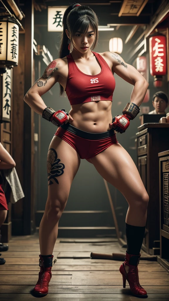 Beautiful Japanese female, (), Mixed Martial Arts, (belly exposed, everyday clothes worn around the house:1.3), tank top, (MMA gloves), fit, (muscles:1.2), athletic feminine body, female fitness model body, Tokyo landmarks in the background, masterpiece, perfect lighting, ultra high resolution, 8K, She is an exceptional MMA fighter, hard toned feminine body, (very long ponytail, straight bangs:1.2), (sexy smile for the camera:0.7), (very sexy pose), (kung fu fighter in fighting stance, holding very large weapon in hand, wearing very large weapon, standing with very large weapon, raising very large weapon:1.3), (tattoos all over body, 80% of body covered in Japanese tattoos:1.5), red lips, red high heels, choker, necklace, earrings, (highly detailed:1.4), front view, looking at camera, pensive expression, (Tokyo city, many people in the background),