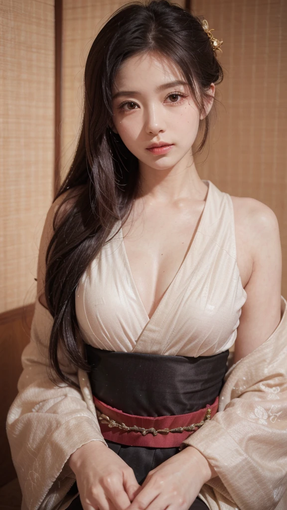 Japanese-style room, tatami, screen, Beautiful woman, Gorgeous kimono, Red and Black, White floral pattern, Gold accents, hair ornaments, Japan hair, Long flue, high quality, Realistic, detailed, traditional Japanese-style room, Soft lighting, luxury, grace, Natural posture, High-quality makeup, Exquisite patterns, Silk texture, Traditional Arts, Natural scenery