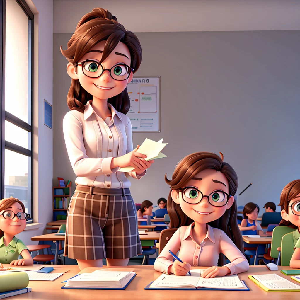 image of a happy teacher writing on the board while happy students are studying