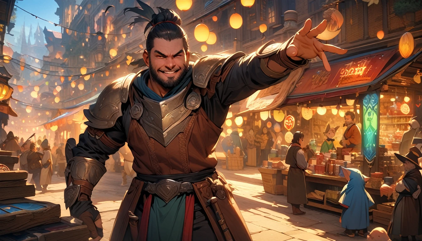 (masterpiece:1.4), (Highest quality:1.4), Very detailed, Complex, Very detailed, shape,Soft lighting, A bustling market in a magical city, Talk to the salesperson, View the magic items,Hopeful Face, smile, More than one person, Mixed gender, a group of adventurers, character from RPG games, (character: human, Fairy, Fairy, Dwarf, The Hobbit), (exterior: Swordsman Style, Shaman Style, Monk Style, Magician style), (belongings: Long sword, dagger, Holy Staff, Magic wand, shield, metal armor, Leather Armor), Perfectly accurate anatomical shape、All limbs intact、Perfect full finger, Colorful characters, A place to buy and sell mystical artifacts, Inside the store,Huge, Majestic, Uplifting expressions, Everyone's expressions are amazing.