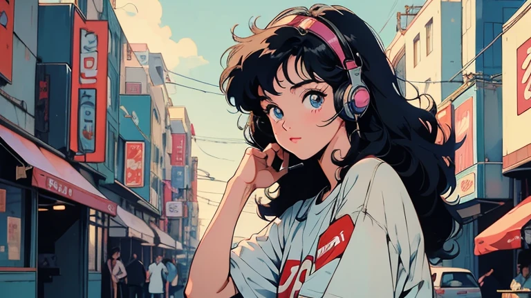 retro, city pop , anime, manga, 22years, girl, put on headset, wearing a supreme t-shirts, cafe, listning music, blue eyes, curly black hai