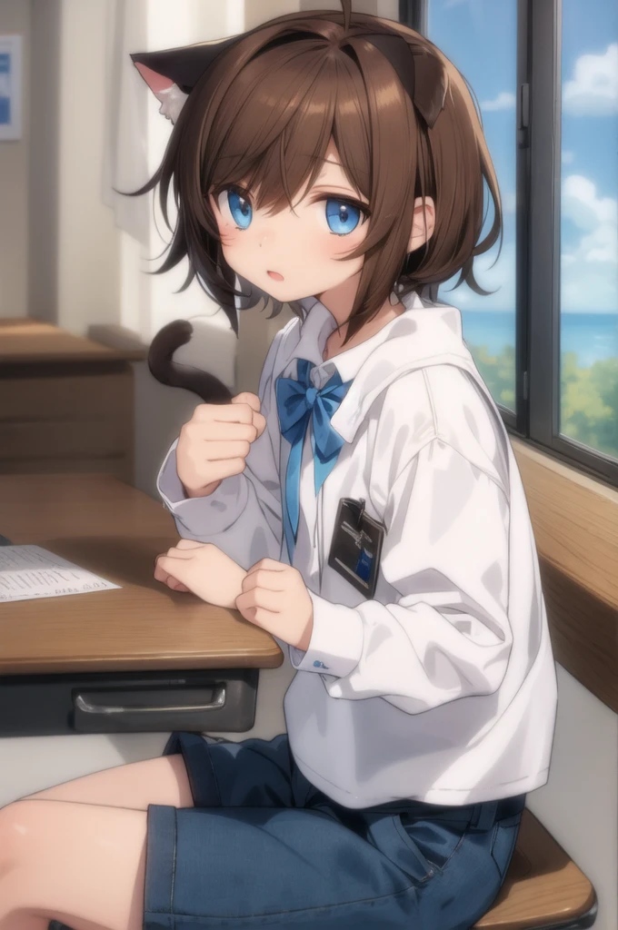 cute cat boy, close up shot, student, short messy brown hair, blue eyes
