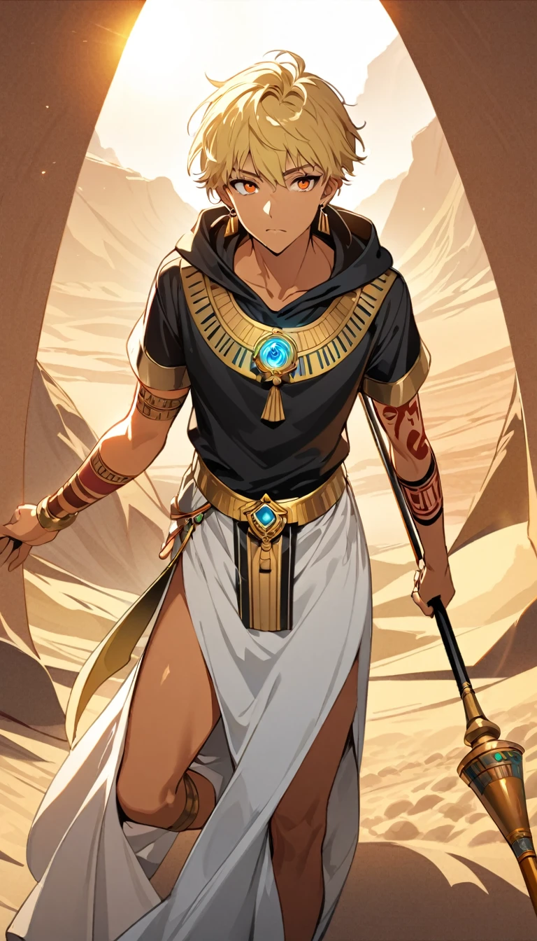 Desert Background，Handsome young man, blond, Orange Eyes, short hair, Black Hoodie,high quality, Draw Amount, pixiv illustrations，Tanned skin，Red tattoo on the arm，(Egyptian style，Egyptian Dress Up)，Scepter，earrings，Sunlight，((Vision)),Wide-angle lens，full-body shot