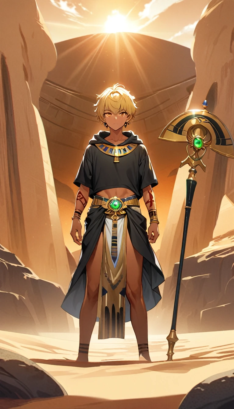 Desert Background，Handsome young man, blond, Orange Eyes, short hair, Black Hoodie,high quality, Draw Amount, pixiv illustrations，Tanned skin，Red tattoo on the arm，(Egyptian style，Egyptian Dress Up)，Scepter，earrings，Sunlight，((Vision)),Wide-angle lens，full-body shot