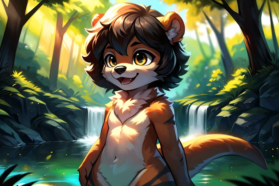 ((otter)), solo, nude, light brown fur, hazel eyes, ((fluffy hair)), short hair, black hair, complex fur patterns, slightly chunky, standing, happy, forest background, river, waterfall, up close. Very good figure, best quality, highres, 16k, Natural soft light, Tyndall effect, Advanced film lighting, Unreal Engine5, Extremely realistic, A high resolution, perfect masterpiece, high quality, high resolution