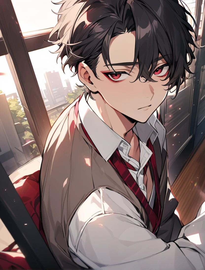 (black_hair), (short_hair), (red_ruby_eyes), (Handsome), (Attractive), (male), (unique_highschool_uniform), (detailed_Hair), (detailed_mouth), (r), (dark_under_eyes), (japanese)