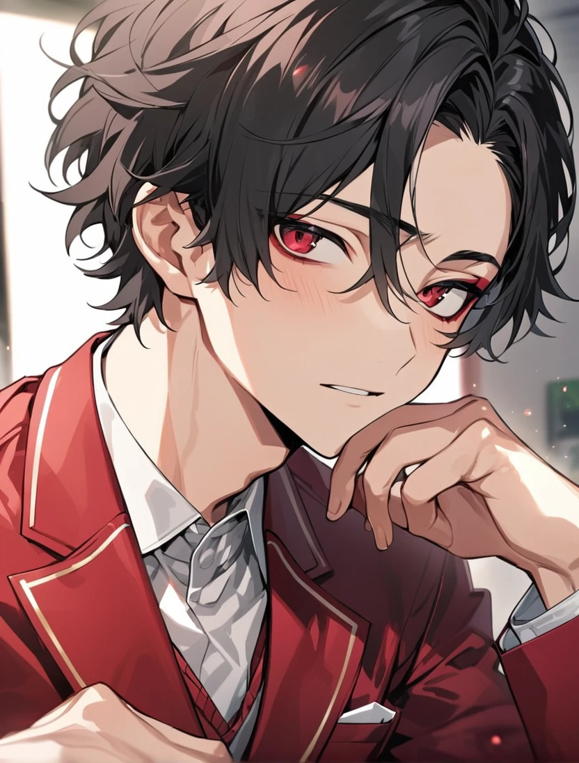 (black_hair), (short_hair), (red_ruby_eyes), (Handsome), (Attractive), (male), (unique_highschool_uniform), (detailed_Hair), (detailed_mouth), (r), (dark_under_eyes), (japanese)
