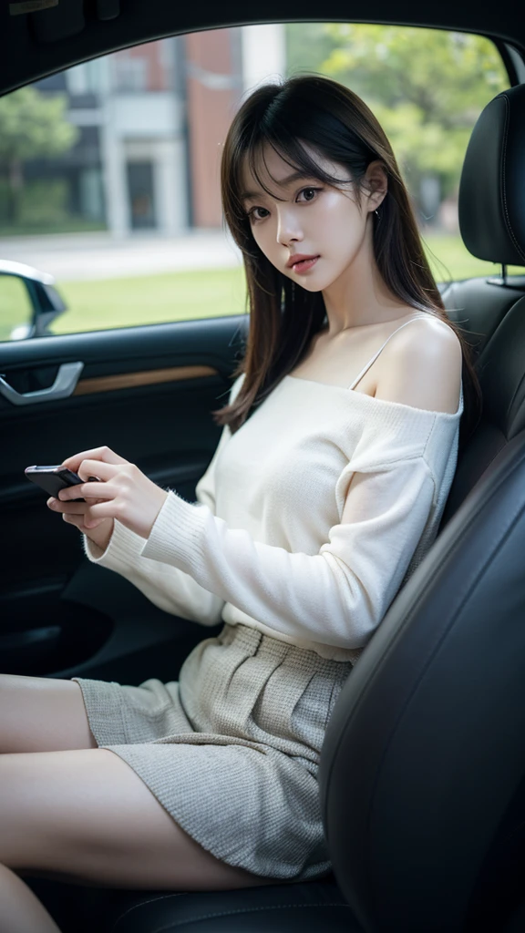 A dark-haired woman in her fifties sitting in a car with a mobile phone, Ulzzang, Shin Jinyoung, Choi Hong-hwa, Korean Girls, 8k)), sakimichan, Bae Suzy, It&#39;s hot with the shining sun, White skin!!, She has black hair with bangs, Beautiful Korean Women, Jaeyoung Nam