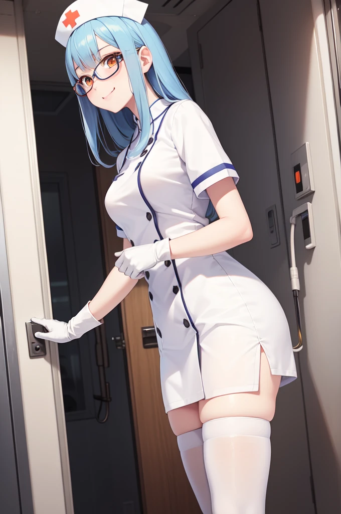 1girl, solo, nurse, nurse cap, white nurse uniform, ((white legwear, zettai ryouiki)), white gloves, glasses, blue hair, orange eyes, smile, standing, ((hospital room)), sharp outline, short sleeves, best quality, masterpiece