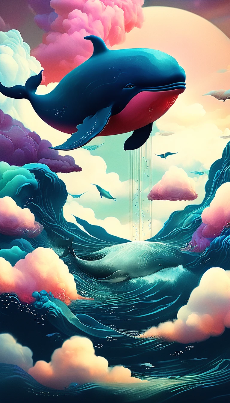 a flying whale, whale in the sky, whimsical digital art, surreal landscape, fantasy creature, magical realism, cinematic lighting, dramatic clouds, vibrant colors, ethereal atmosphere, intricate details, photorealistic, (best quality,4k,8k,highres,masterpiece:1.2),ultra-detailed,(realistic,photorealistic,photo-realistic:1.37)
