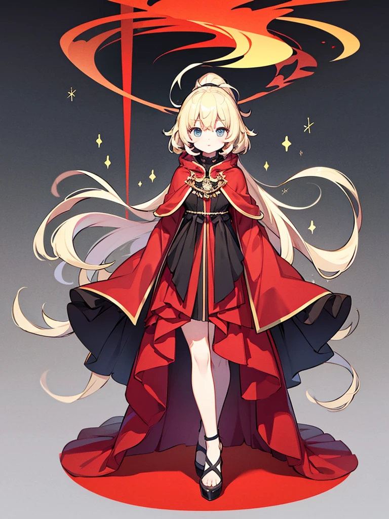 Full-body portrait、Are standing、Fluffy hair、Blonde、Lots of hair、Short ponytail、Grey sweater、Red cloak