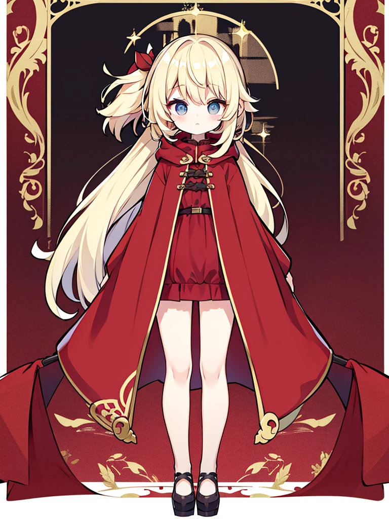 Full-body portrait、Are standing、Fluffy hair、Blonde、Lots of hair、Short ponytail、Grey sweater、Red cloak