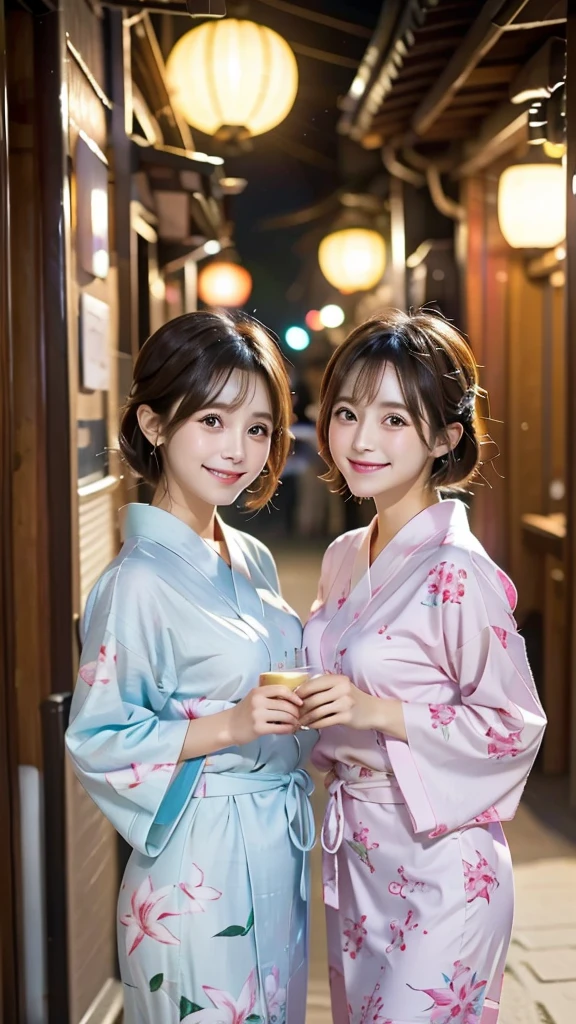 Two beauties,2 girls,cute,yukata,Lily print,pastel colors,winter,Great Joy