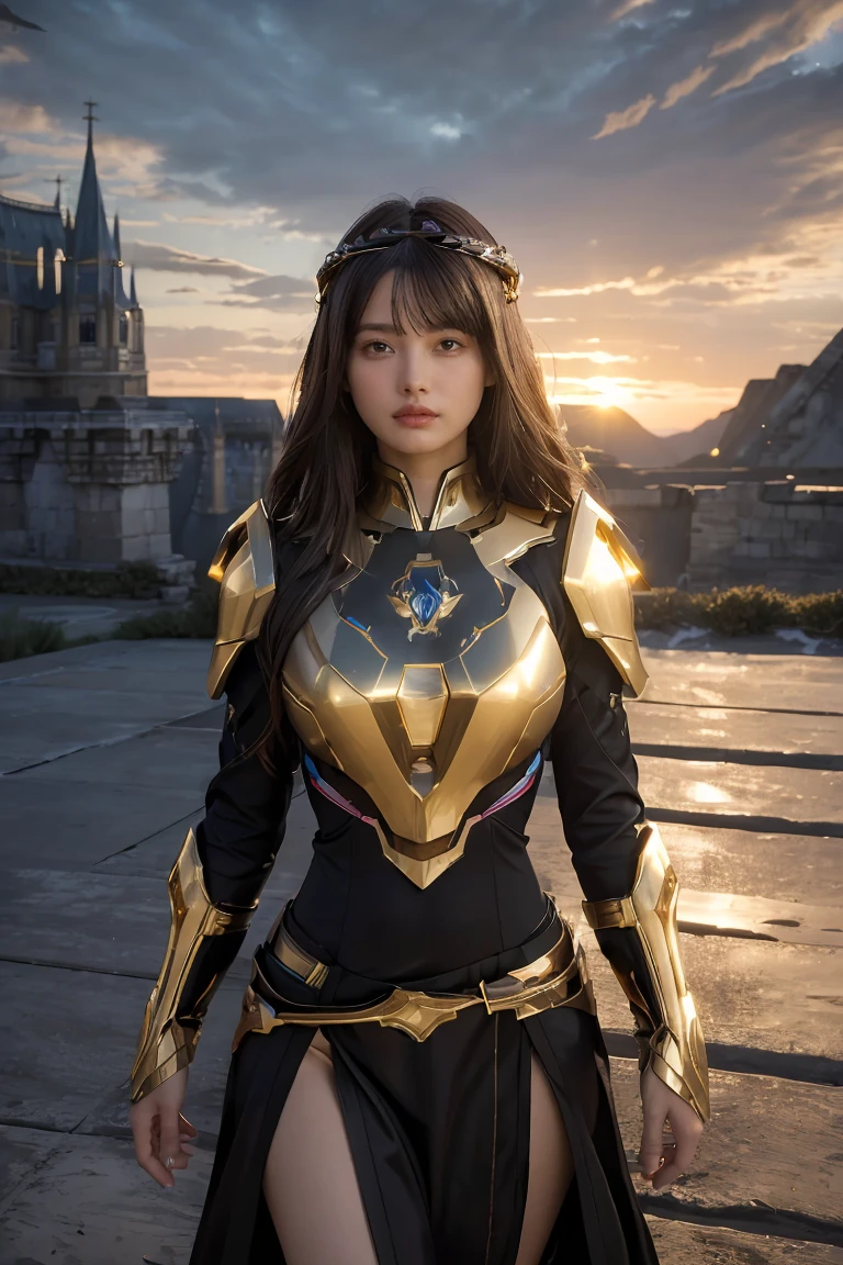 ((masterpiece, best quality, extremely detailed), volumetric lighting, ambient occlusion, colorful, glowing), 1girl, solo, young girl, (dark hair), long hair, halo, aura, sacred, goddess, cleric suit, black outfit with gold detailst:1.3), armor, outdoors, sunset, sky, clouds, space, (fantasy theme:1.2),