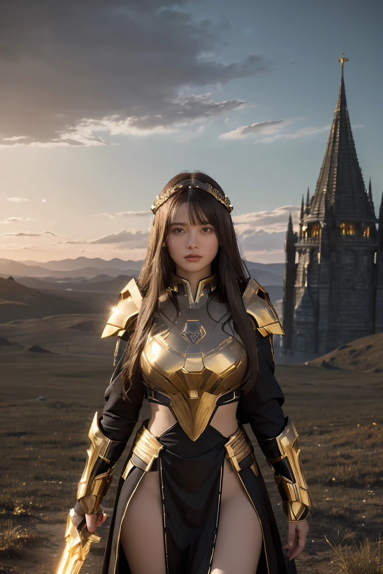 ((masterpiece, best quality, extremely detailed), volumetric lighting, ambient occlusion, colorful, glowing), 1girl, solo, young girl, (dark hair), long hair, halo, aura, sacred, goddess, cleric suit, black outfit with gold detailst:1.3), armor, outdoors, sunset, sky, clouds, space, (fantasy theme:1.2),