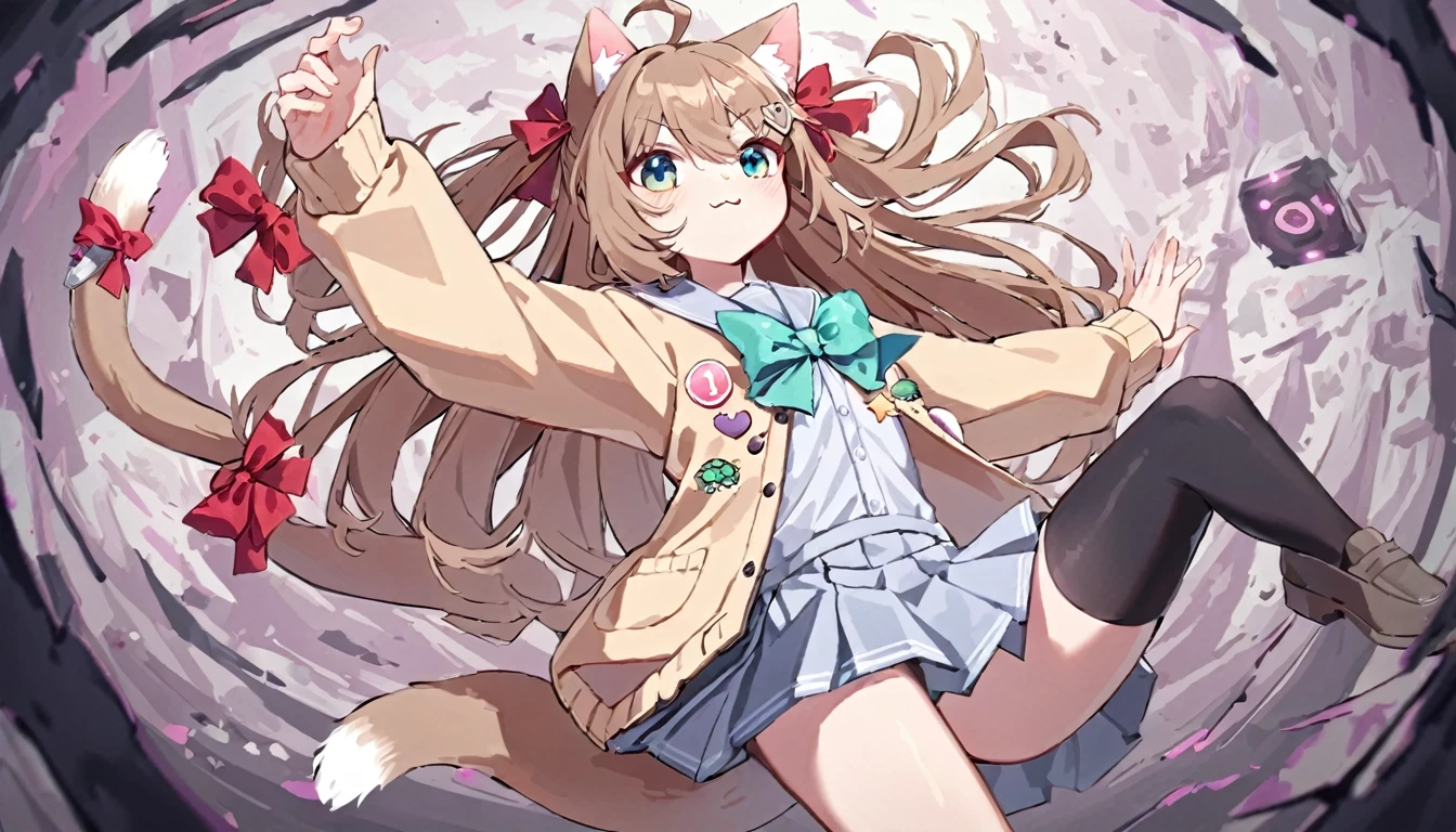 1girl, evil neuro-sama, red eyes, light brown hair, ahoge, two side up, hair ribbon, dark red ribbon, heart hair ornament, black cardigan, open cardigan, black sailor collar, long sleeves, red bow, heart, button badge, star \(symbol\), drone, the number "1" on a badge, turtle, black skirt, pleated skirt, asymmetrical legwear, black thighhighs, black kneehighs, bandaid on knee, grey footwear, loafers,cat ears, cat tail, tail bow, :3,