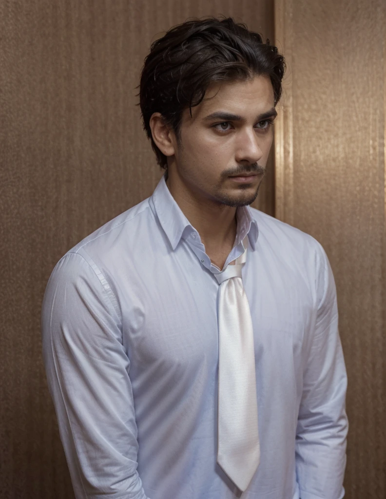 1 light brown boy, eyes black, facial hair, looking ahead at viewer, male focus, realisitic, royal blue suit, white shirt, red necktie, standing alone, Traditional media, facing the front, realisitic, ultra quality, highy detailed, ultra HD, 1 men