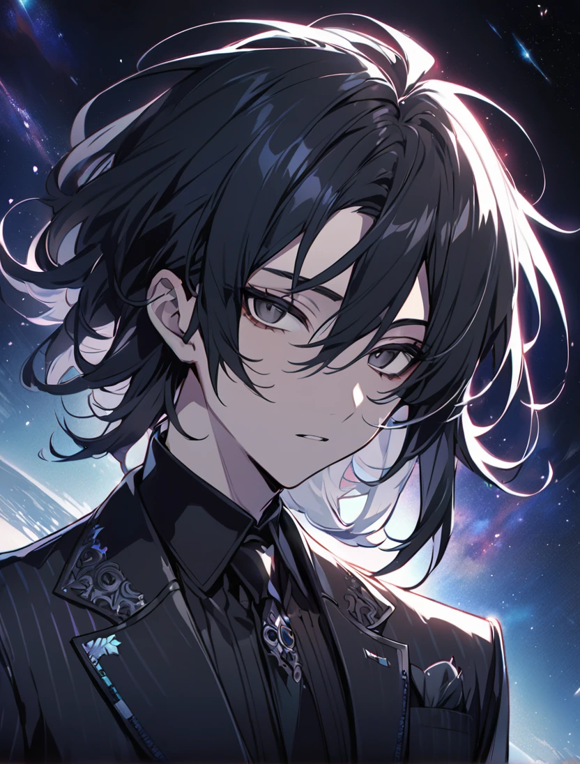 (black_hair), (long_male_hair), (deep_black_eyes), (high_detailed_eyes), (attractive), (emotionless), (Deep_space_background), (male), (wearing _a_black_suit), (long_male_hair), (detailed_Hair), (detailed), (detailed_mouth), (vertical_slit_pupils), (detailed), (Europian)
